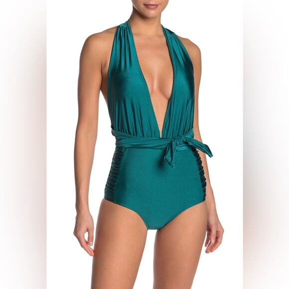 Nicole Miller One Piece Convertible Swim Side Ruching Deep Lake - Picture 1 of 16